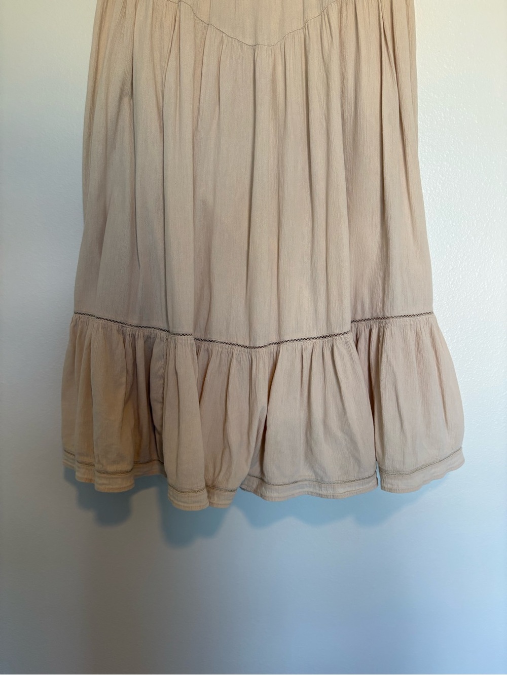 Aerie V Yoke Woven Tiered Pull-On Peasant Midi Skirt Cottage Boho Tan Large - Picture 4 of 8